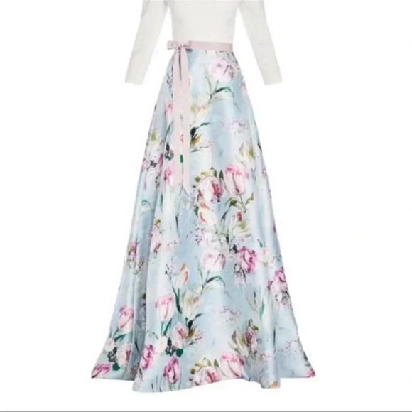 NWT Anthropologie Theia V Neck Crepe Bodice Maxi Dress Short Sleeve White Floral - Picture 13 of 16